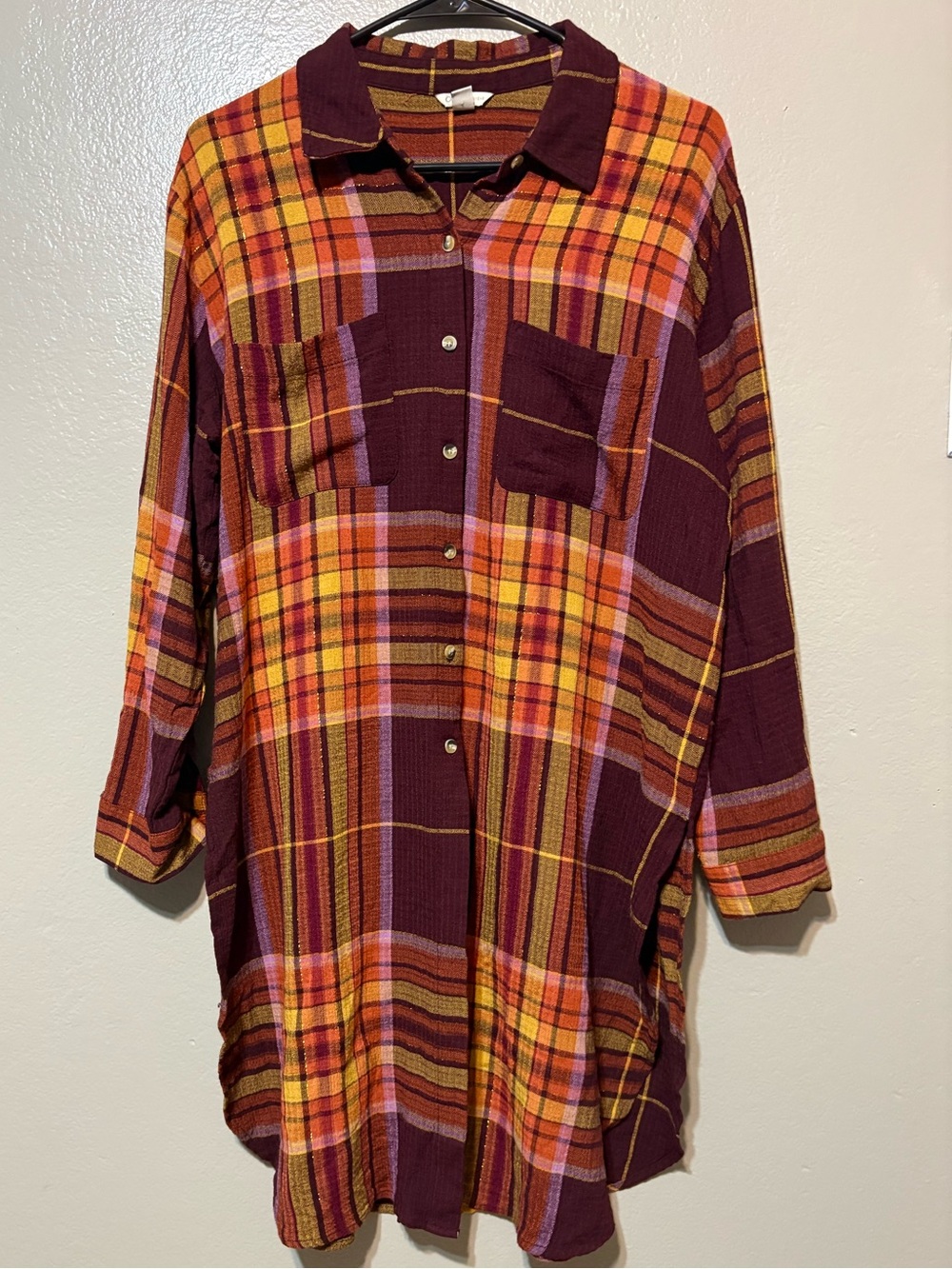 Cato Plaid Button-Up Tunic in Burgundy, Orange & Yellow Size LP‎